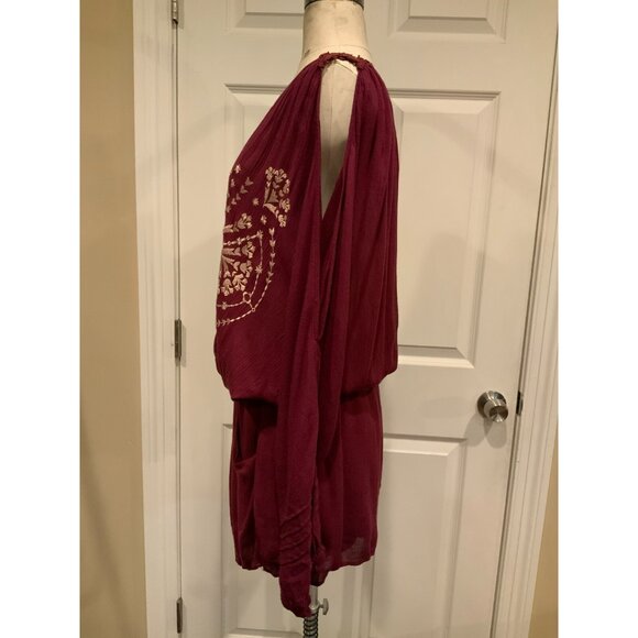 Free People Maroon Long Cold Shoulder Romper W/ Shorts & Tan Embroidery, Size S - Picture 5 of 9